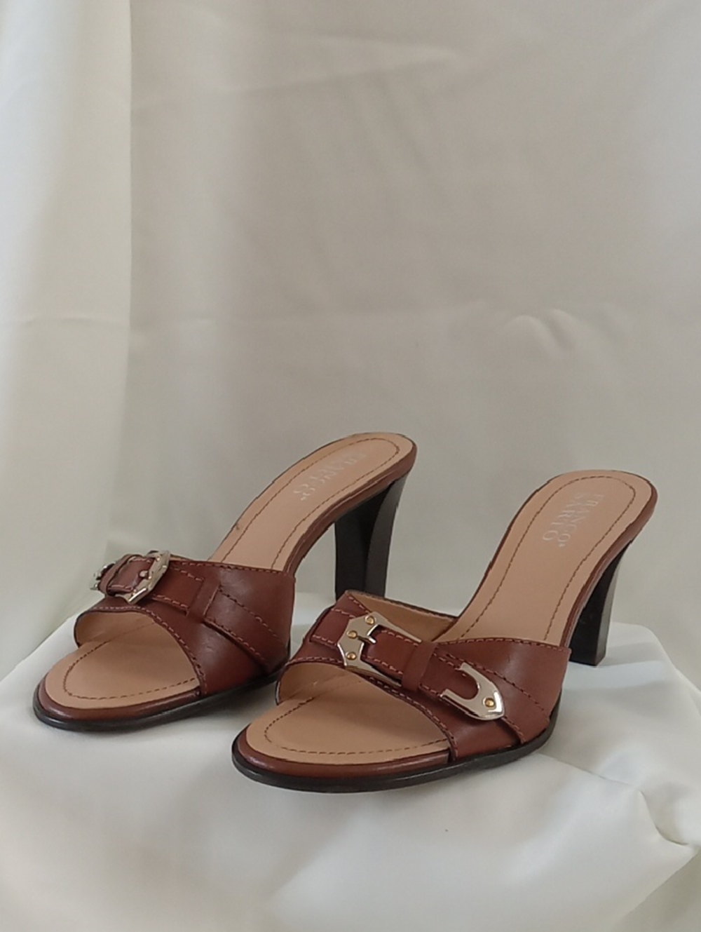 Franco Sarto Brown Leather Buckle Heel Mules